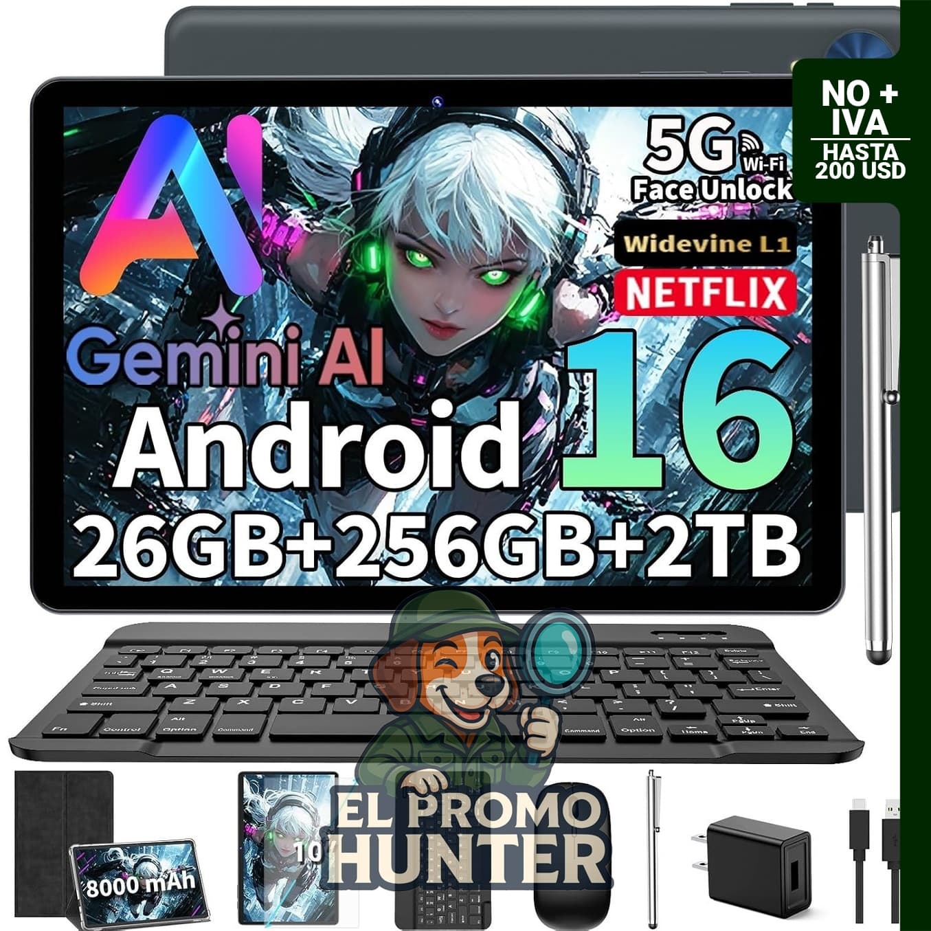 2026 Android 16 Tablet con teclado, tablet Gemini AI de 10 pulgadas, funda negra