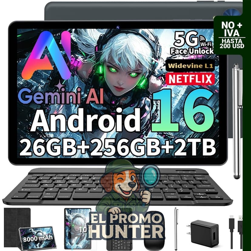 2026 Android 16 Tablet con teclado, tablet Gemini AI de 10 pulgadas, funda negra
