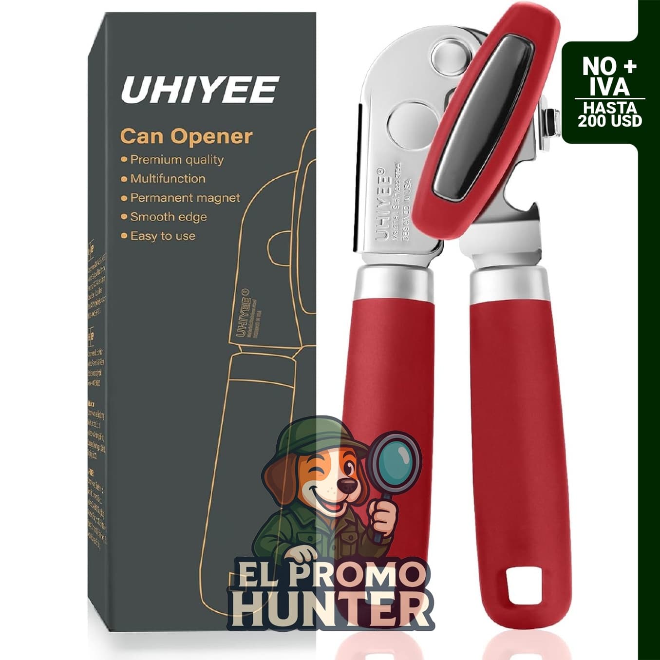 UHIYEE Abrelatas manual con imán, color rojo, fabricado en acero 420J2, con perilla grande y bordes suaves.