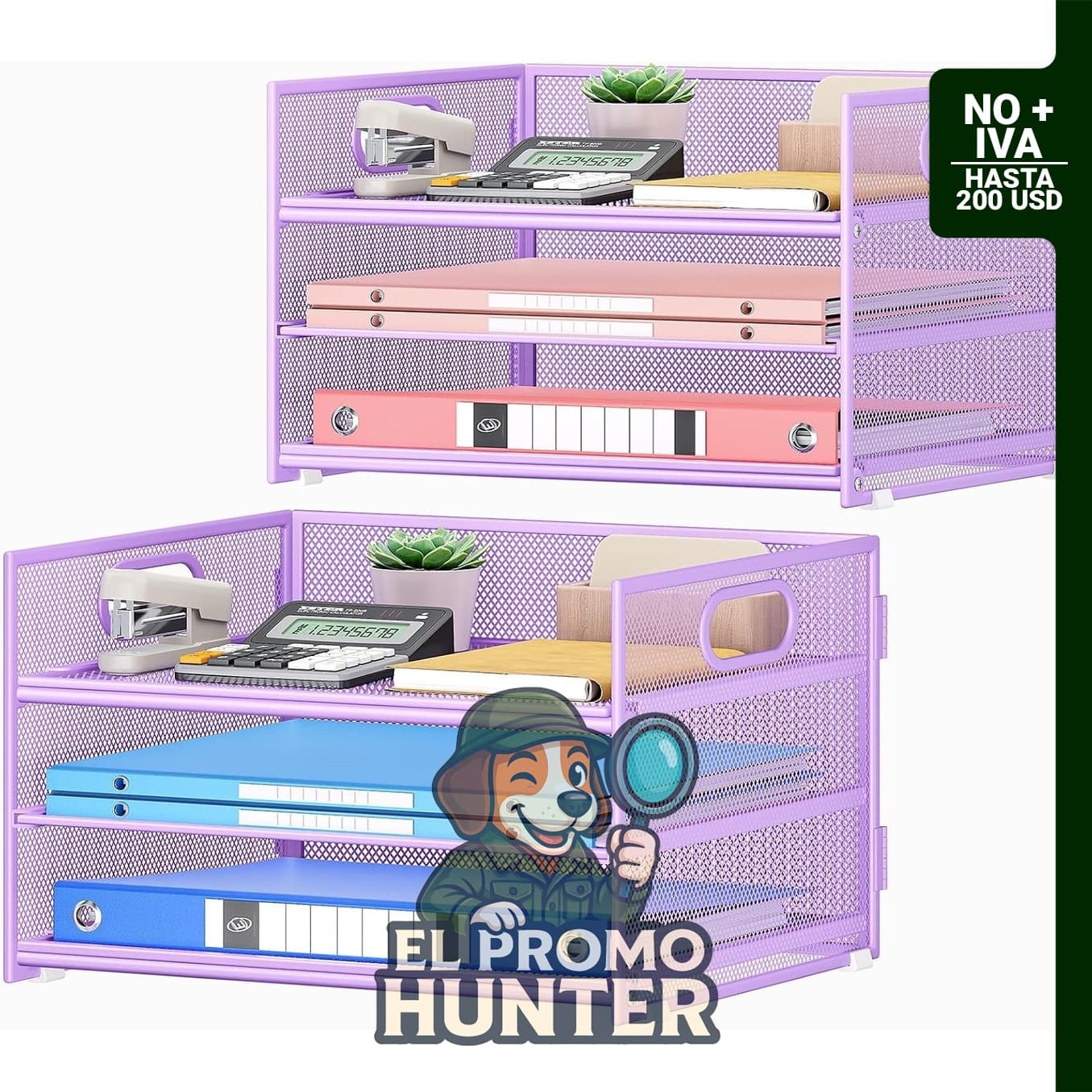 Subekyu paquete de 2 bandejas de papel de malla de metal morado de 3 niveles y organizador clasificador de archivos con asa.