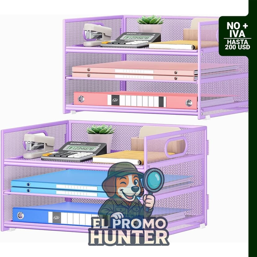 Subekyu paquete de 2 bandejas de papel de malla de metal morado de 3 niveles y organizador clasificador de archivos con asa.