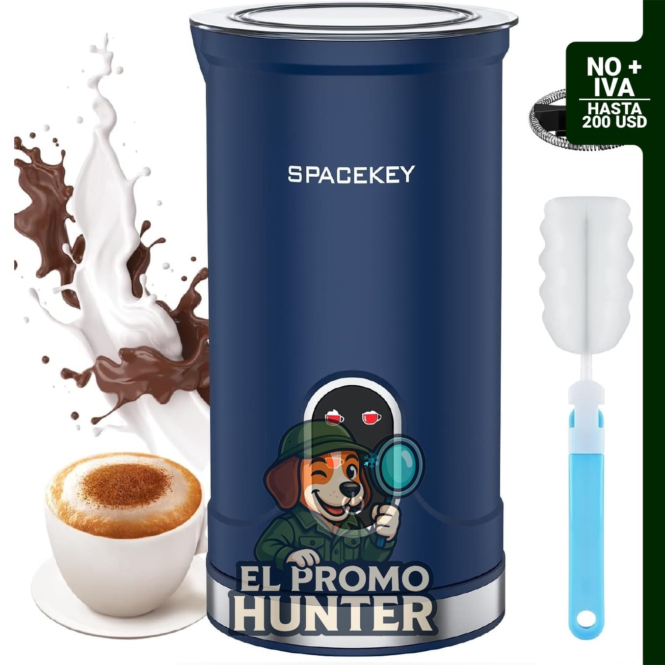 Espumador de leche eléctrico Spacekey 4 en 1, 10.1 oz, con modo silencioso y protección contra sobrecalentamiento.