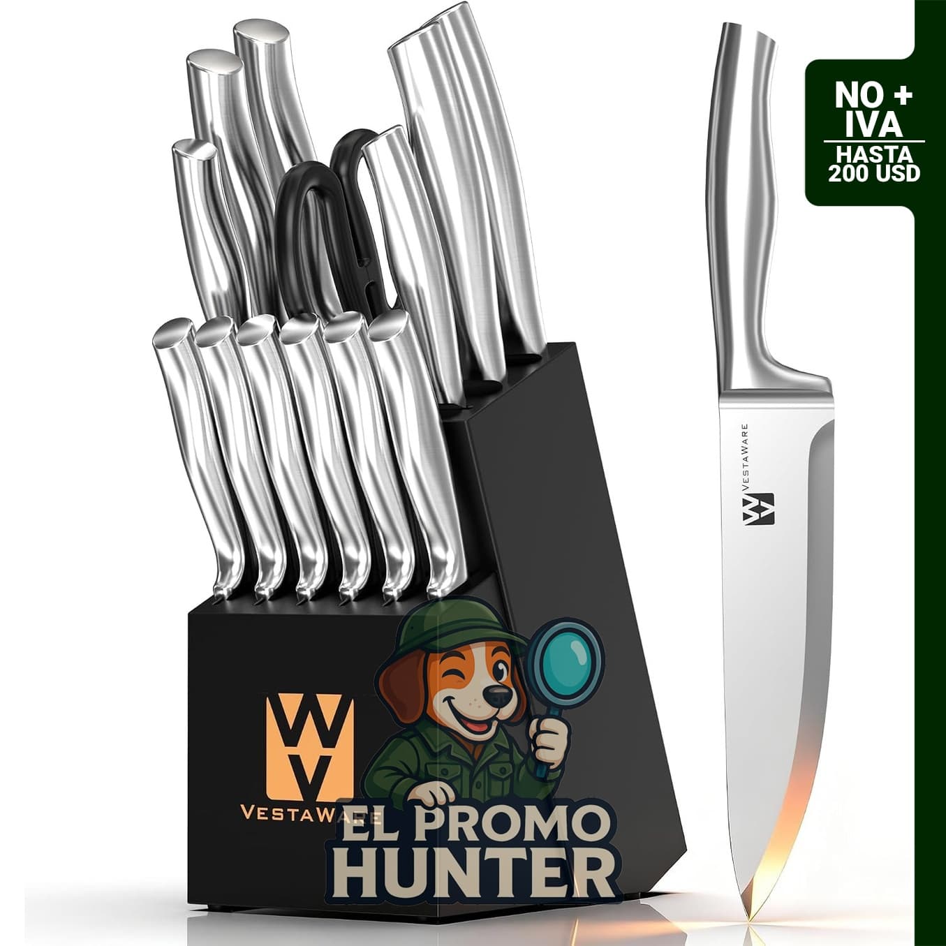 Juego de cuchillos de cocina de 14 piezas con bloque, acero inoxidable de alto carbono, incluye 6 cuchillos para carne.