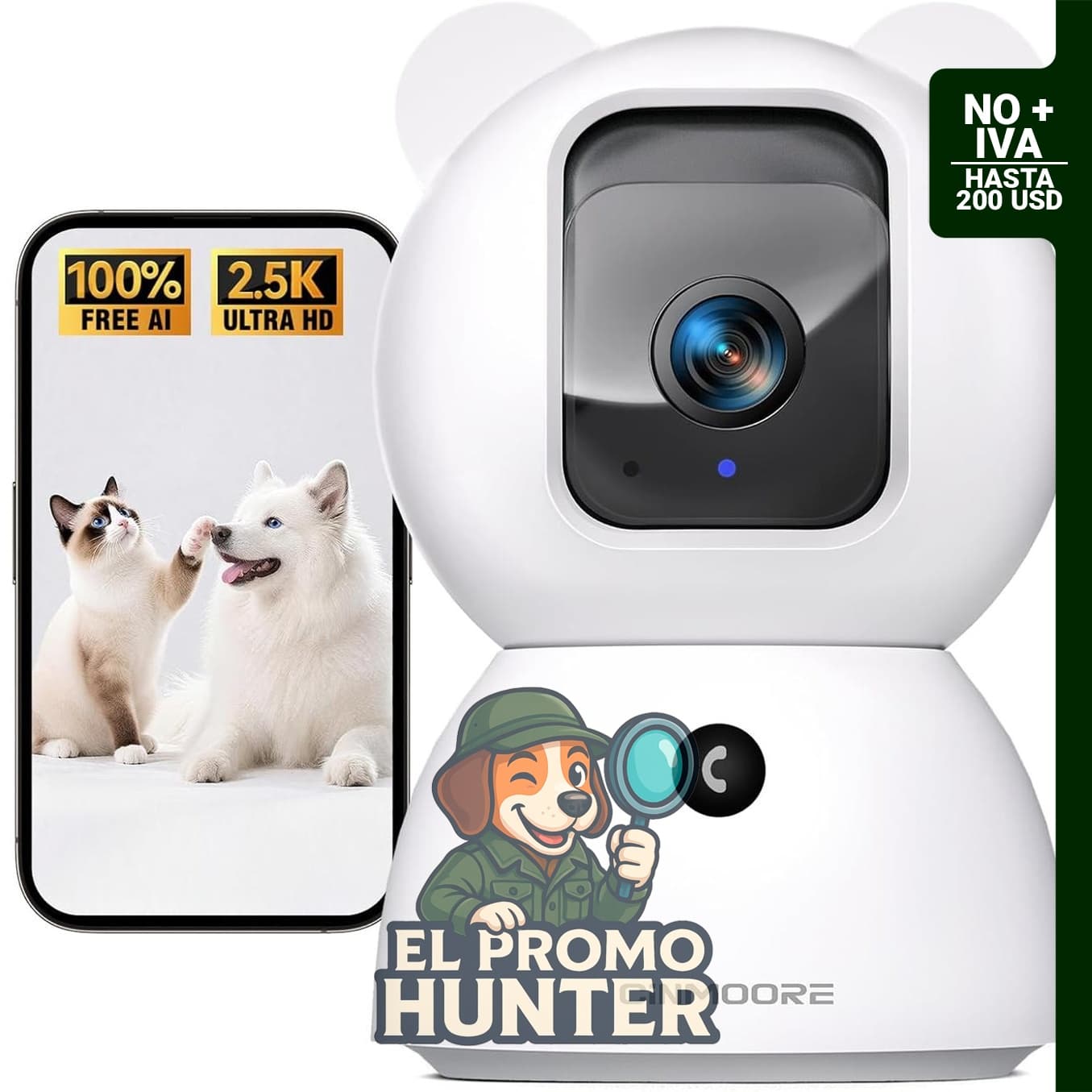 Cámara de seguridad CINMOORE 2.5K para interiores, con detección de persona, mascota y llanto.