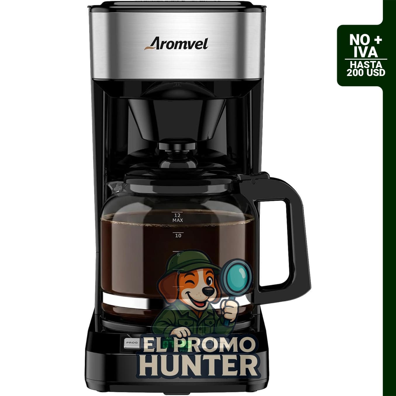 Cafetera programable de 12 tazas Aromvel, con tanque de agua de 1.8L y filtro reutilizable.