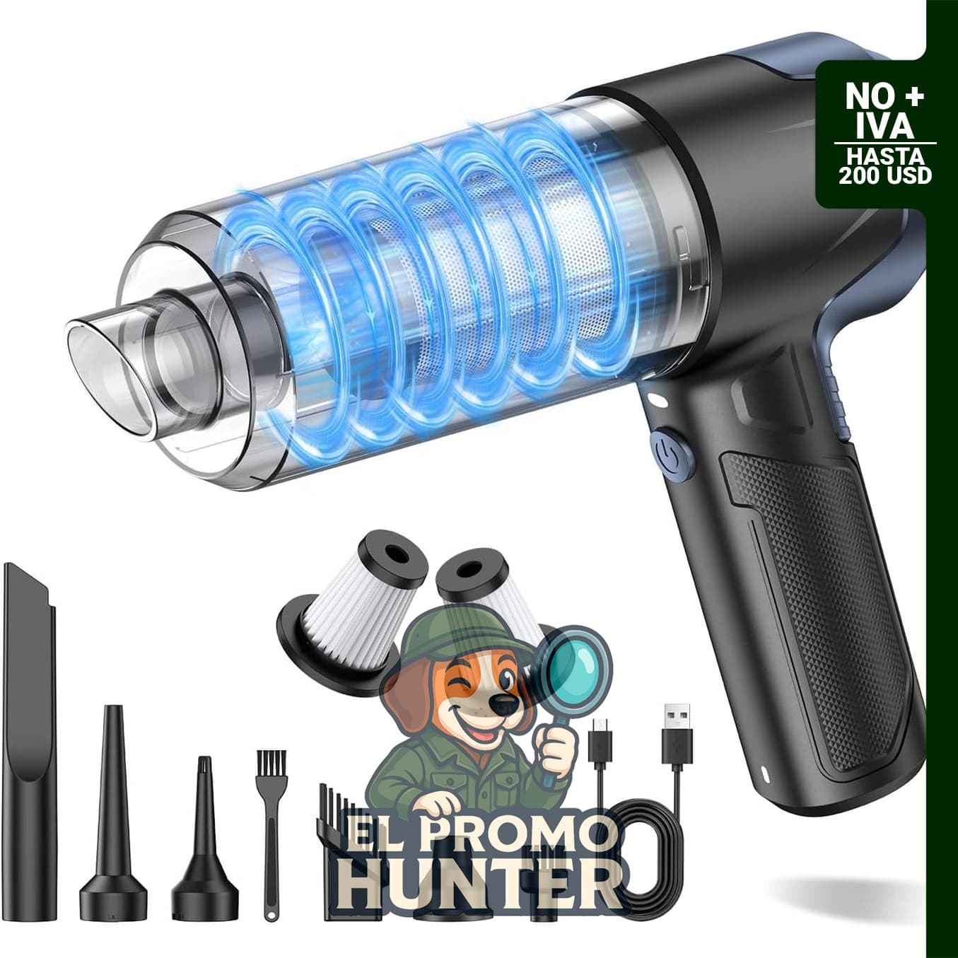 Aspiradora de mano portátil Generic, 16000PA, 120W, con luz LED y múltiples boquillas.