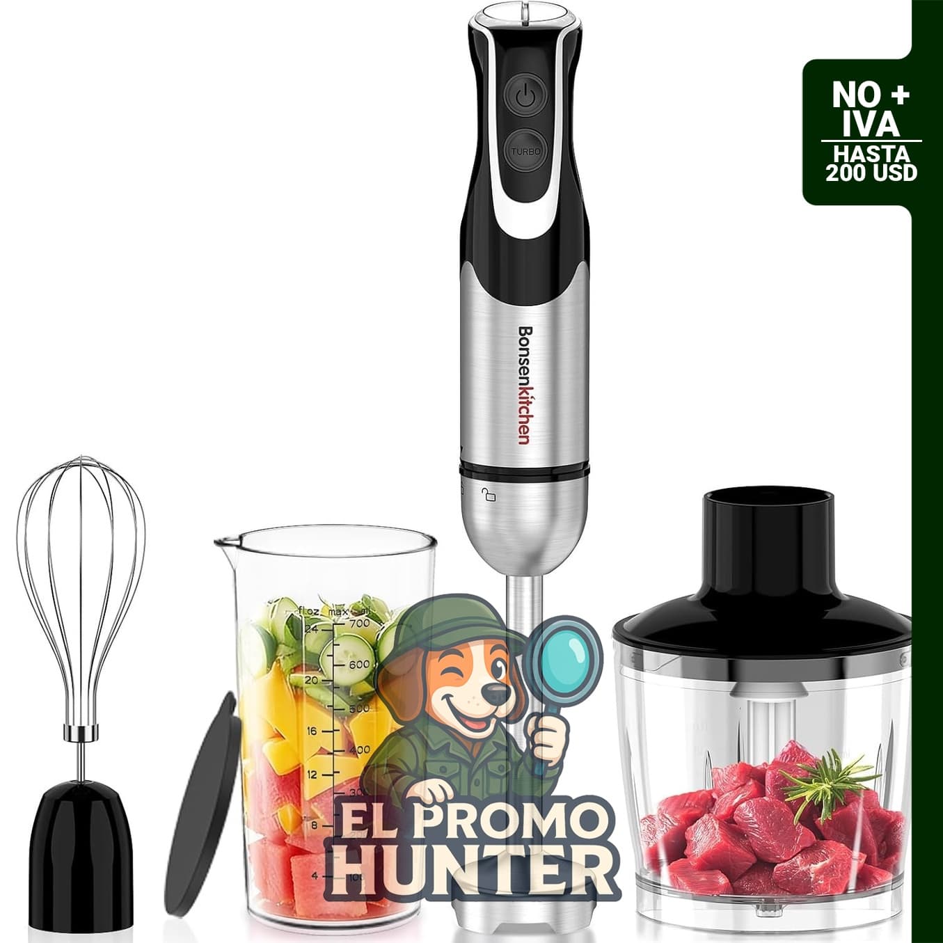Bonsenkitchen Batidora de inmersión 4 en 1 con procesador de alimentos, 12 velocidades y modo Turbo.