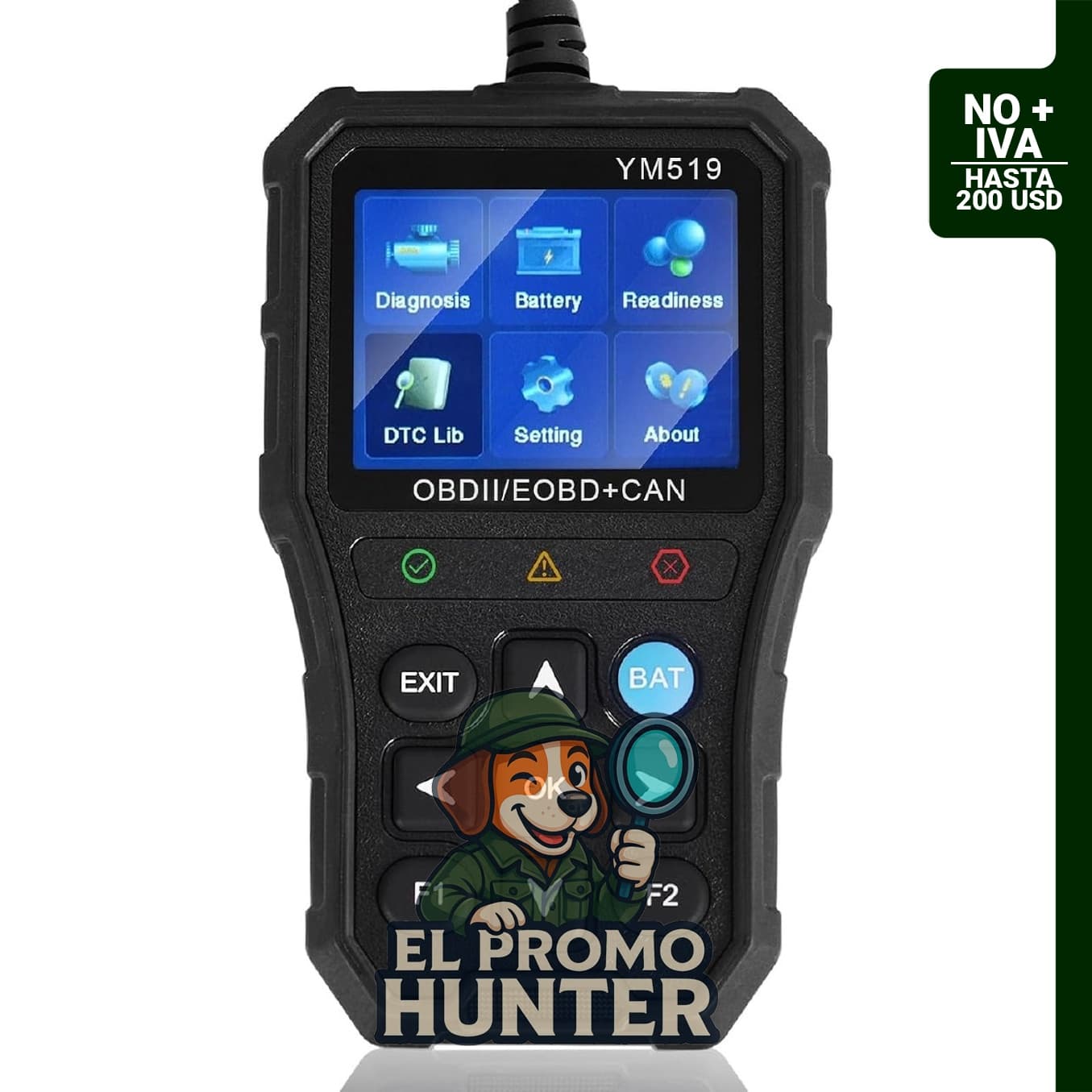 Herramienta de diagnóstico YM519 OBD2 para escaneo de códigos de falla en vehículos OBDII desde 1996.