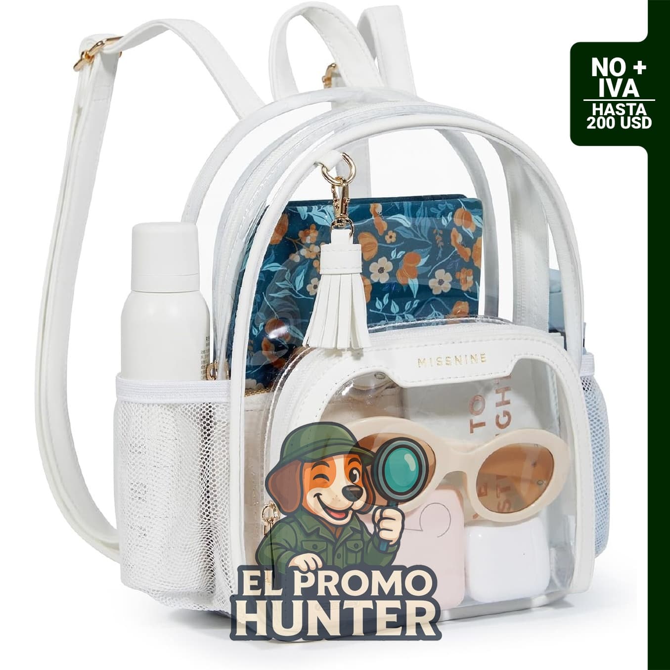 Missnine mochila transparente para eventos deportivos, con diseño antirrobo y bola de piel.