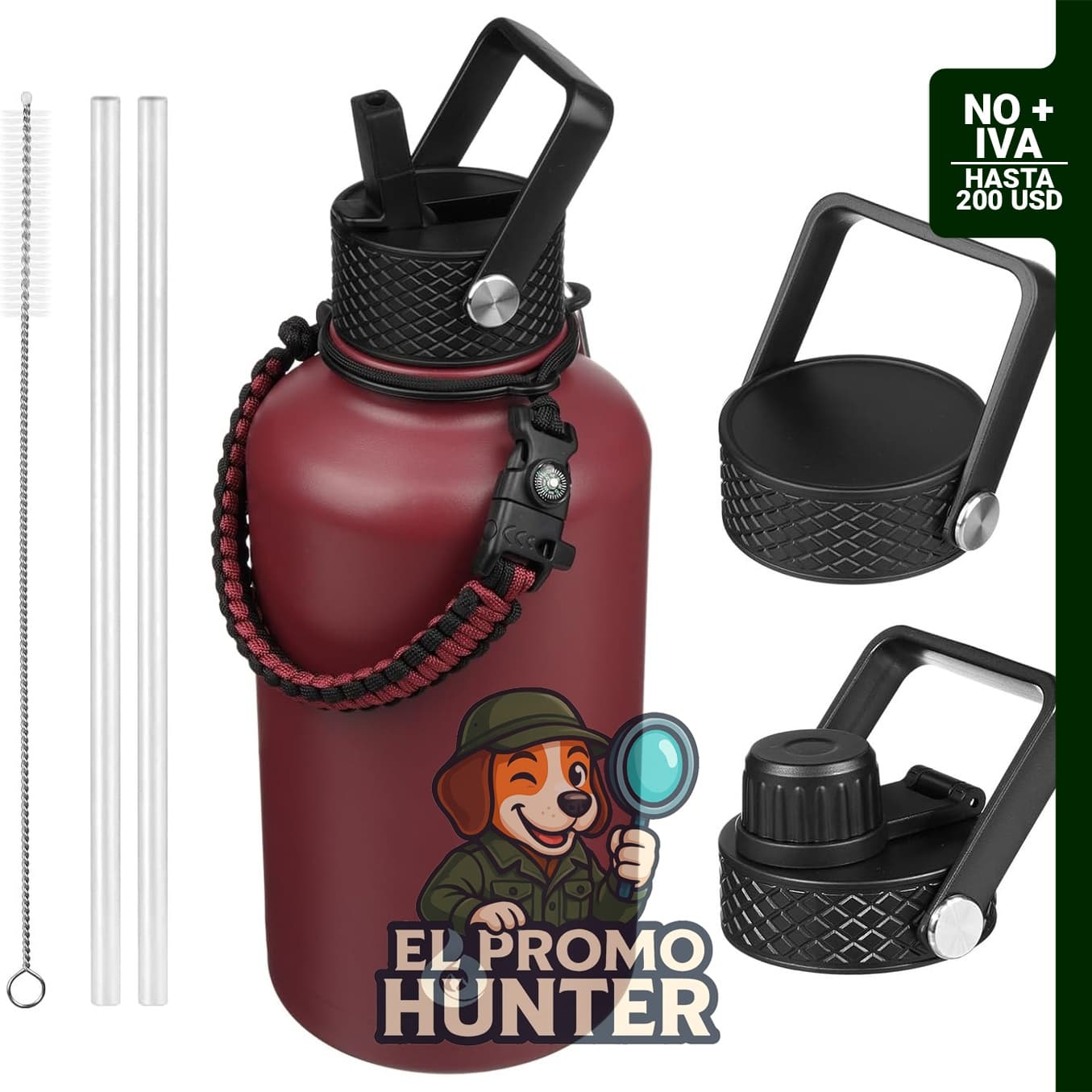 Botella de agua aislada BJPKPK de 64 oz (1.89 L) en acero inoxidable, incluye 3 tapas y asa de paracord.