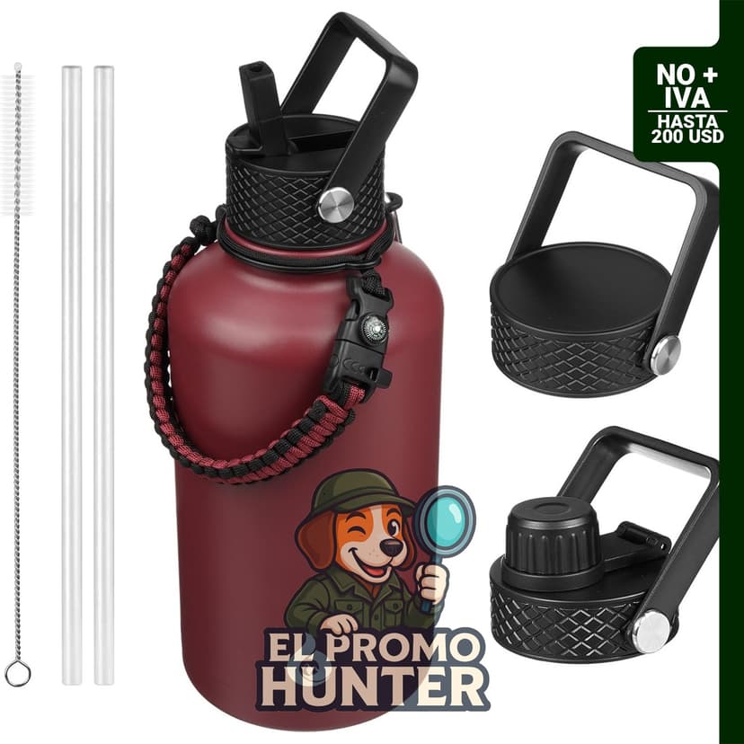 Botella de agua aislada BJPKPK de 64 oz (1.89 L) en acero inoxidable, incluye 3 tapas y asa de paracord.