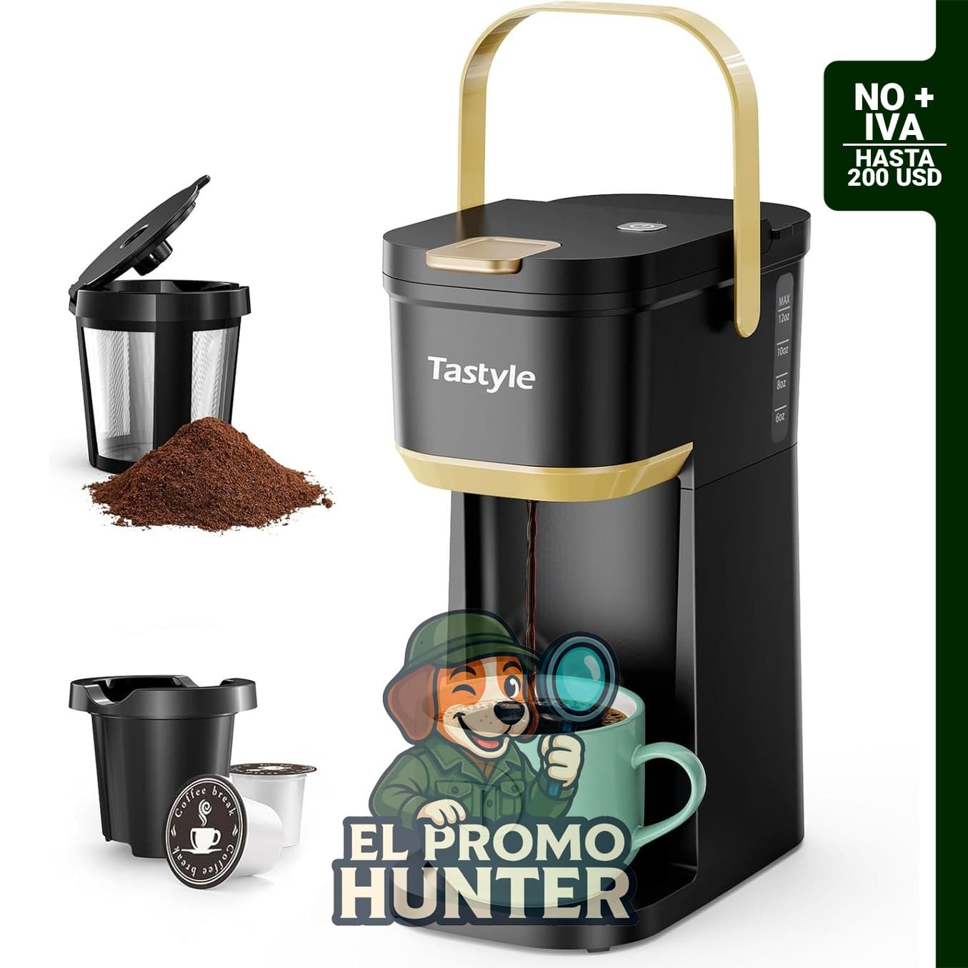 Tastyle Cafetera de una sola porción para cápsulas K y café molido, tamaño de preparación de 180 a 355 ml.