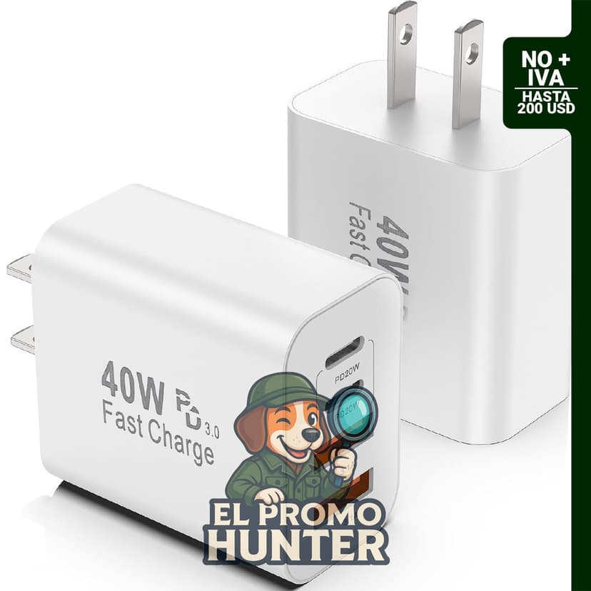 Paquete de 2 cargadores USB C de 40 W con 2 puertos USB-C y 2 puertos USB-A, compatible con múltiples dispositivos.