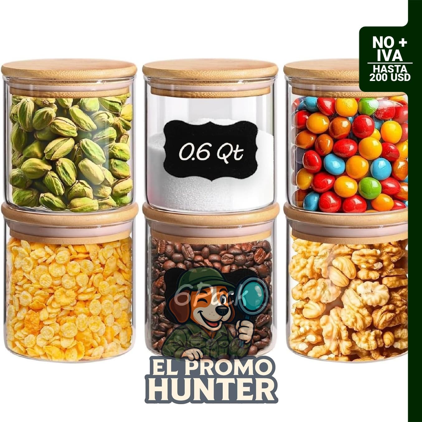 ComSaf Contenedor de vidrio de 600 ml con tapa de bambú, ideal para almacenamiento de especias y aperitivos.