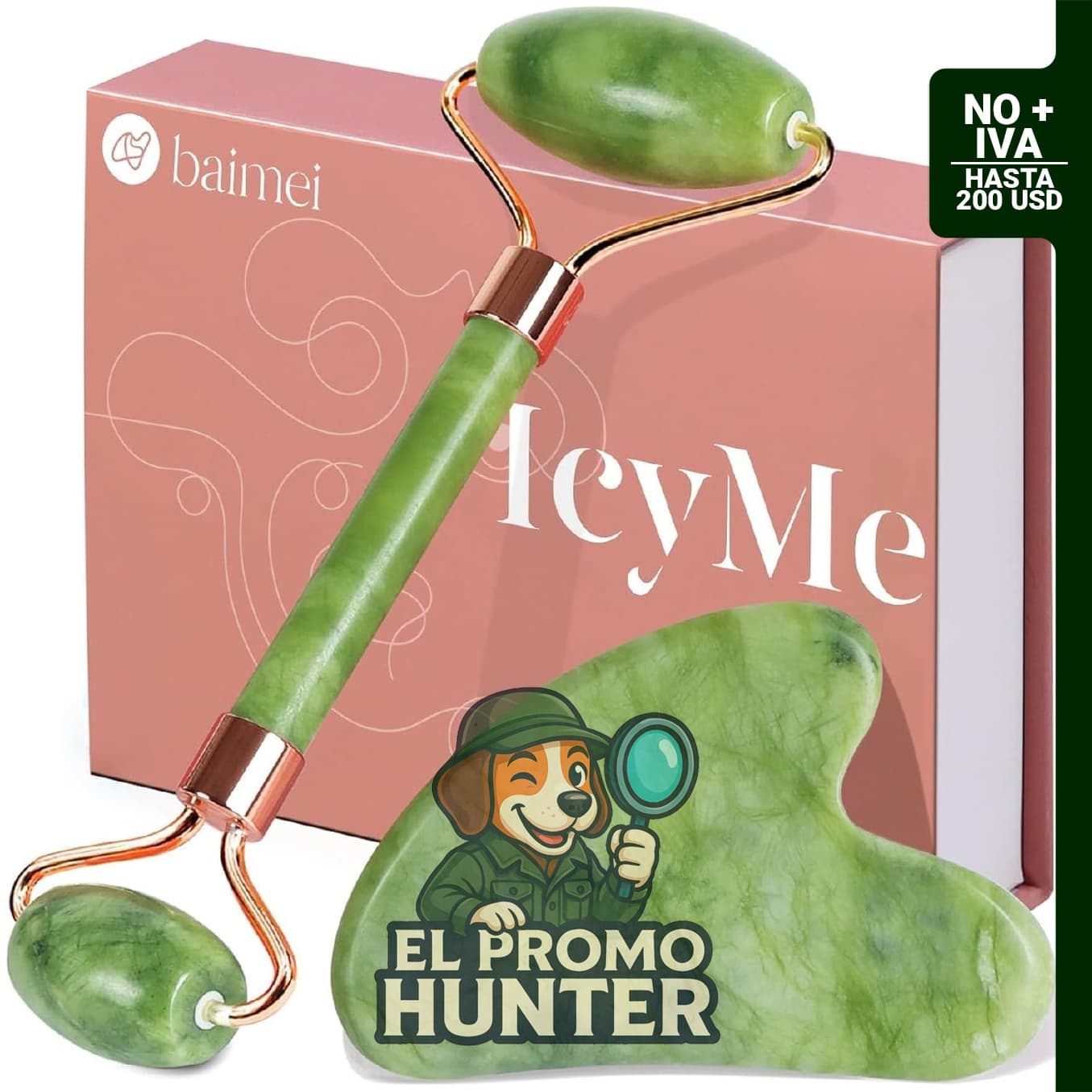 BAIMEI IcyMe Rodillo de Jade y Gua Sha Facial de Piedra, herramientas para cuidado de la piel.