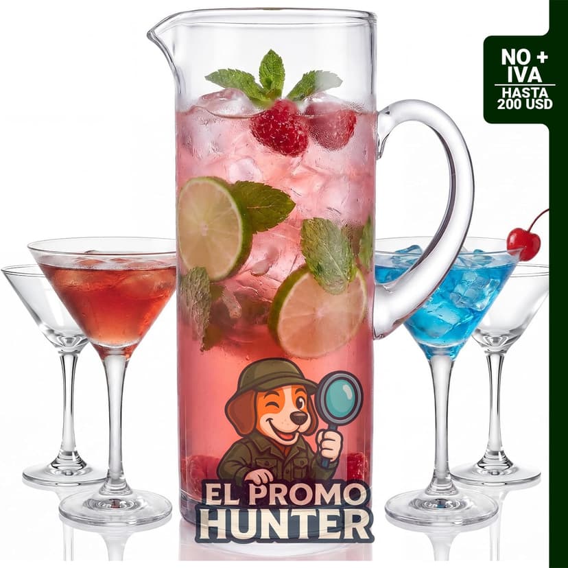 LemonRoad juego de 5 jarras de vidrio y vasos de Martini, jarra de agua de 68 oz (2 L) con boquilla, apta para frío/calor.