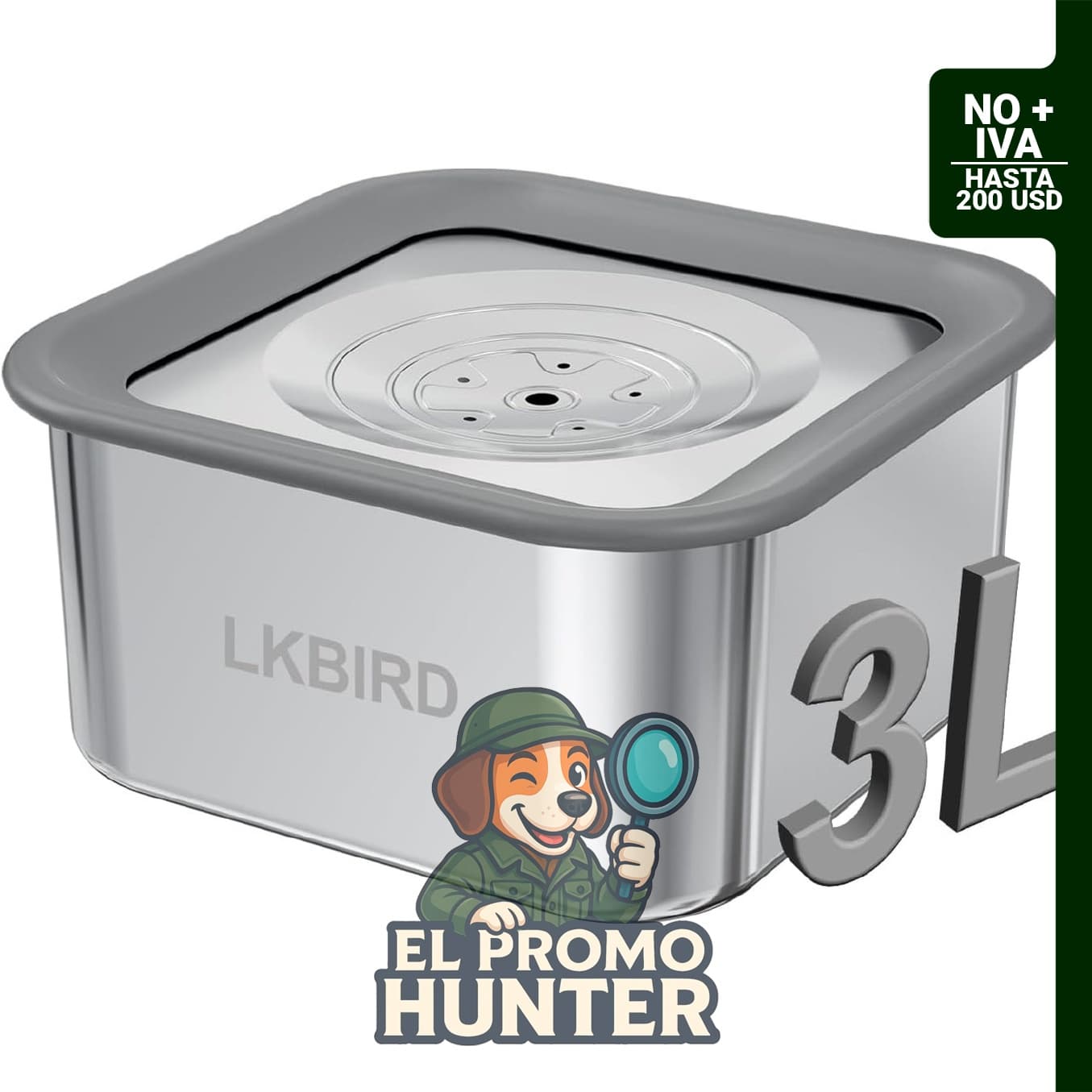 Cuenco antiderrames de acero inoxidable de 3 L con disco flotante y tapa anti-rasguños.