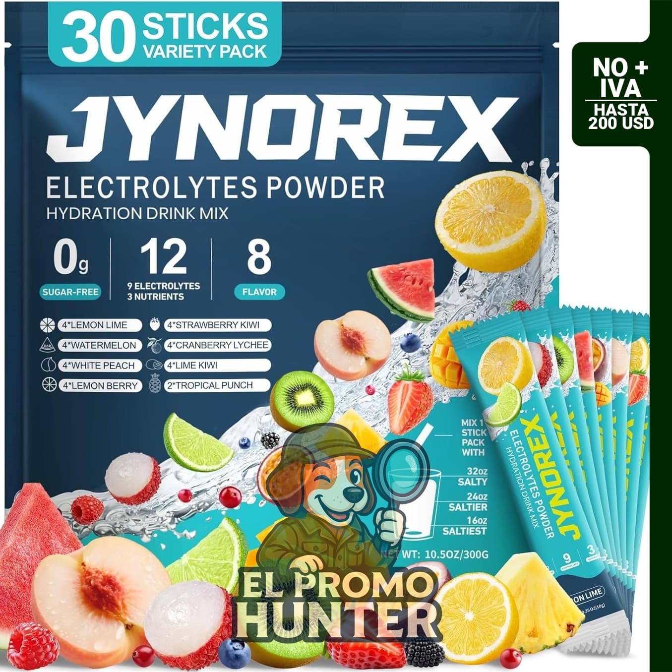 Paquetes de 30 sticks de electrolitos en polvo sin azúcar, mezcla de bebidas con sabores variados.