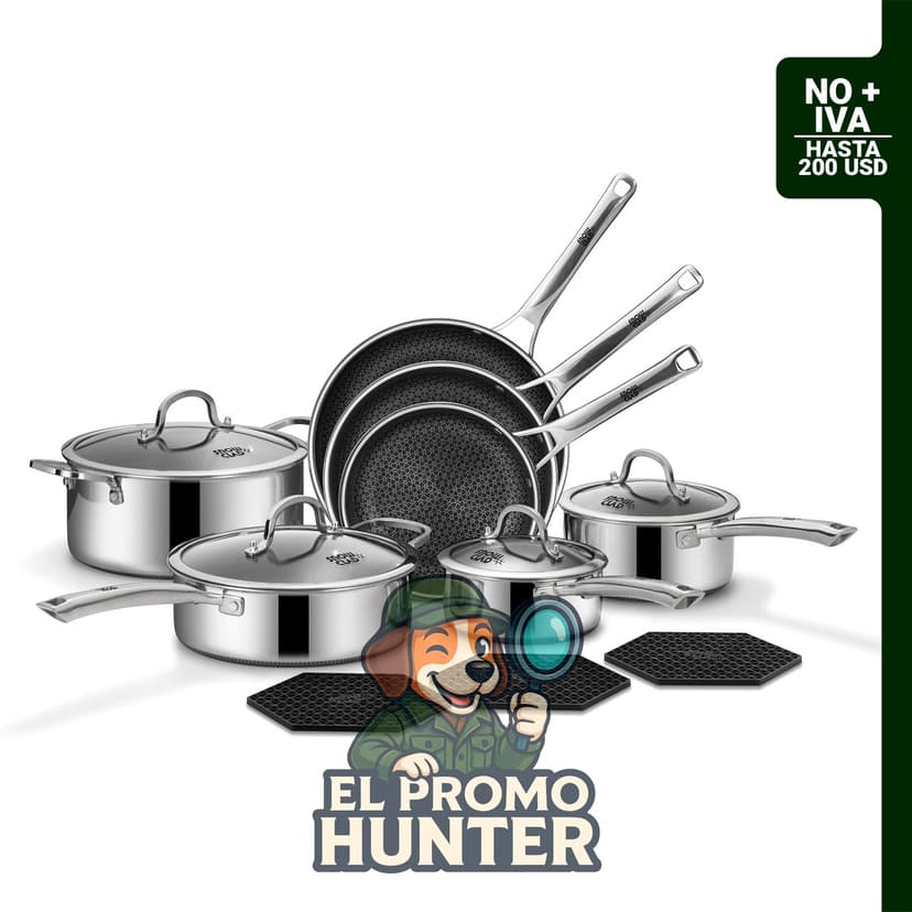 Juego de ollas y sartenes antiadherentes SNOWCLAD, 14 piezas de utensilios de cocina híbridos de acero inoxidable.