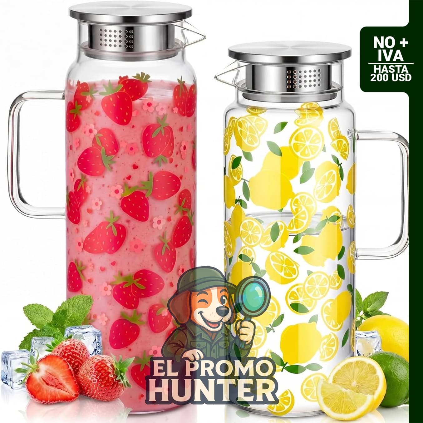 SiliFine 2 jarras de vidrio de borosilicato de 61 oz (1.8 L) con tapa y asa, a prueba de fugas.