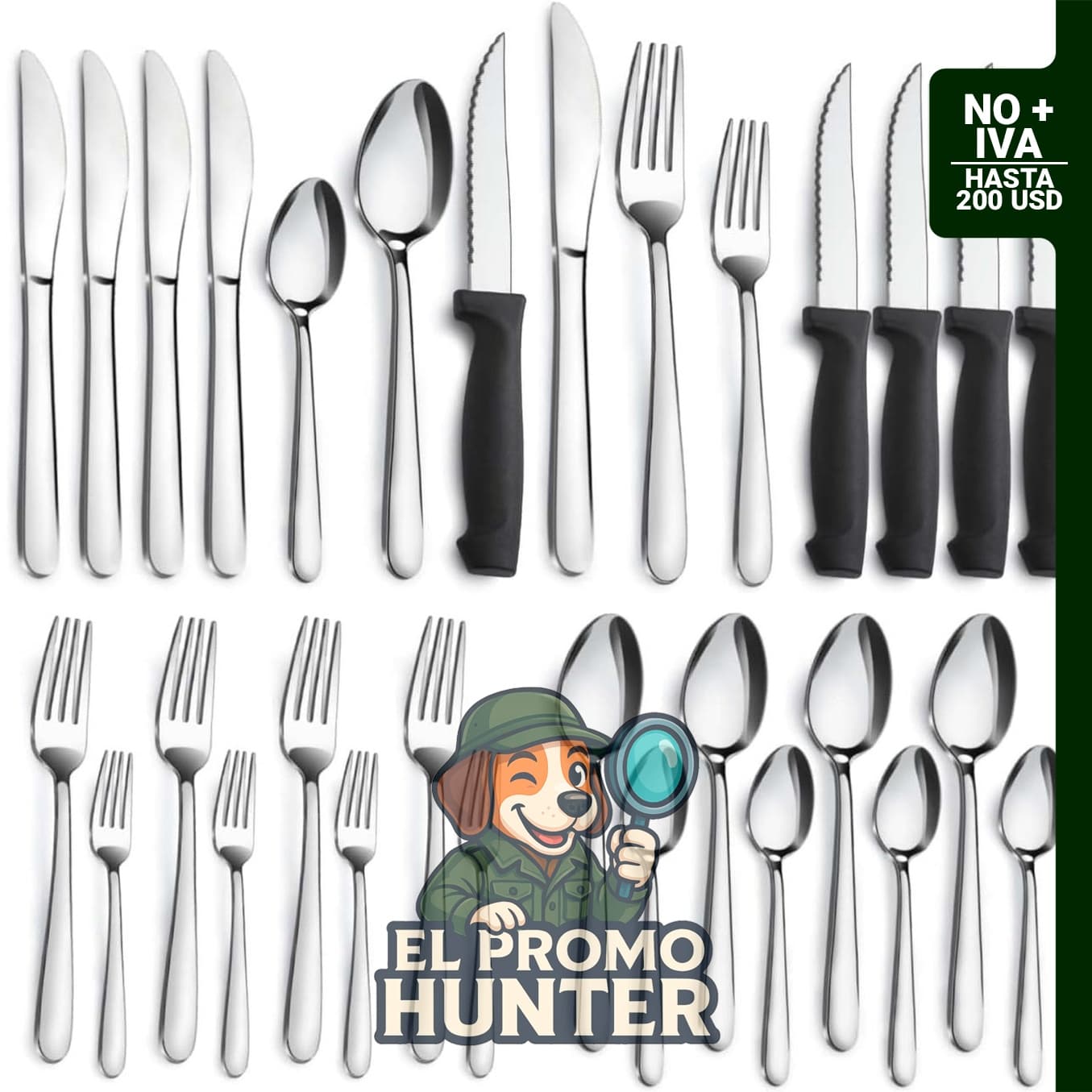 Juego de cubiertos de 24 piezas de acero inoxidable, incluye cuchillos para carne, tenedores y cucharas.