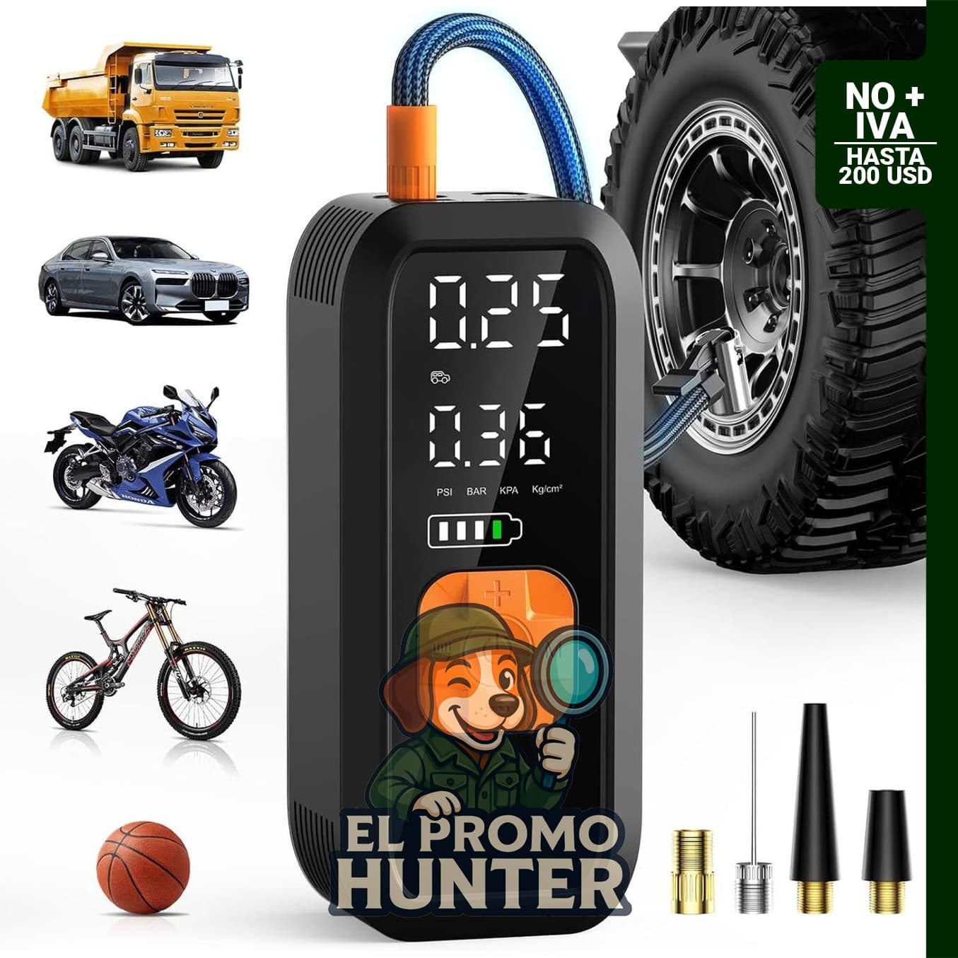Compresor de aire portátil APRUT para inflar neumáticos de automóvil.