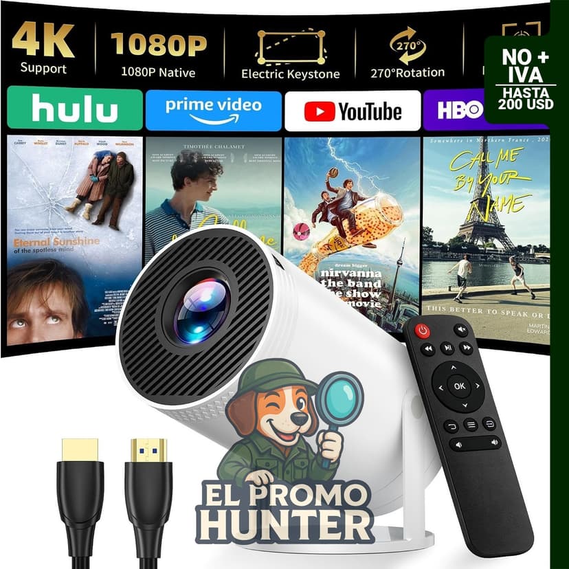 Mini proyector portátil nativo 1080P, soporte 4K, incluye estuche de transporte.