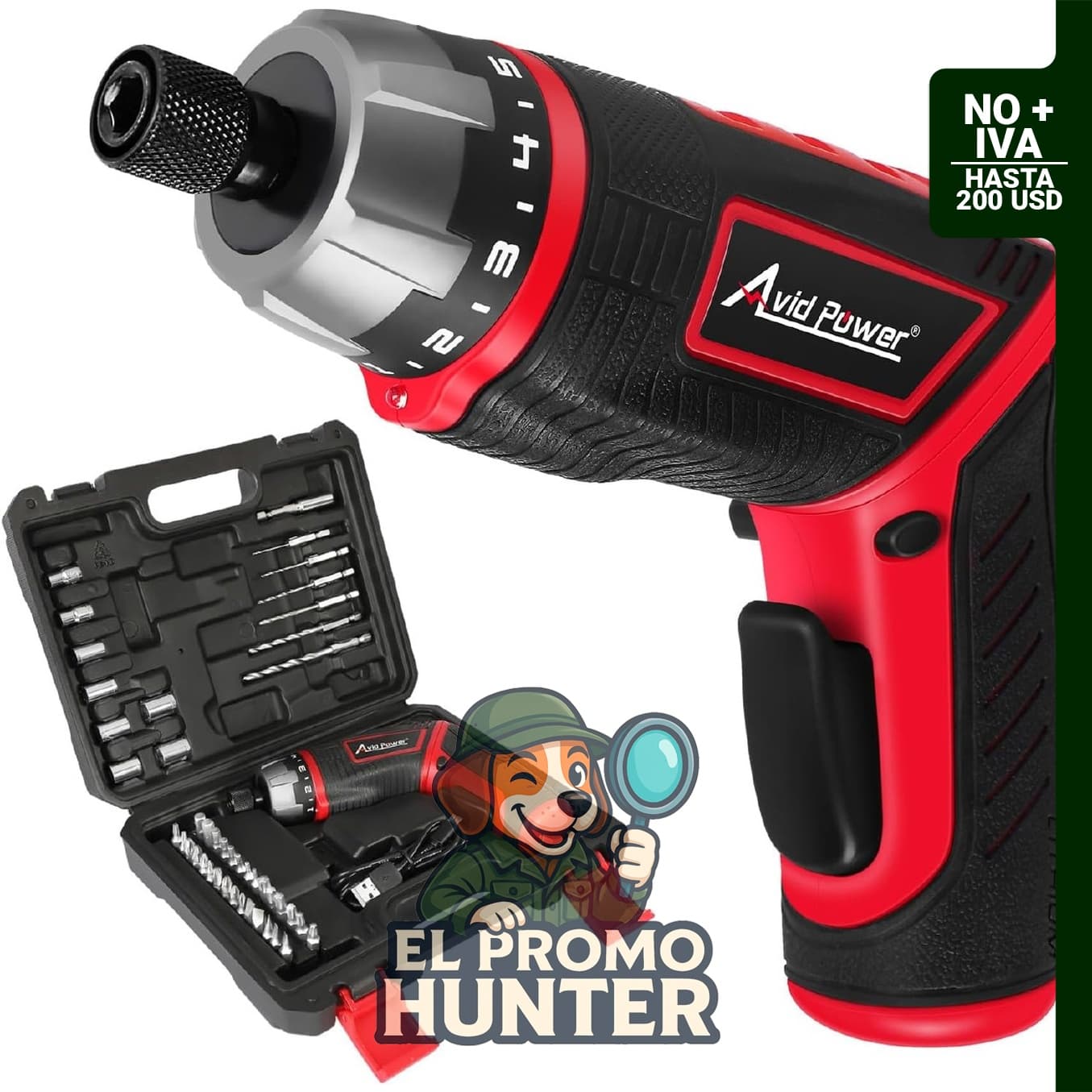 AVID POWER destornillador eléctrico recargable de 4 V con 44 accesorios, torque de 5.65 Nm y mango de 2 posiciones.