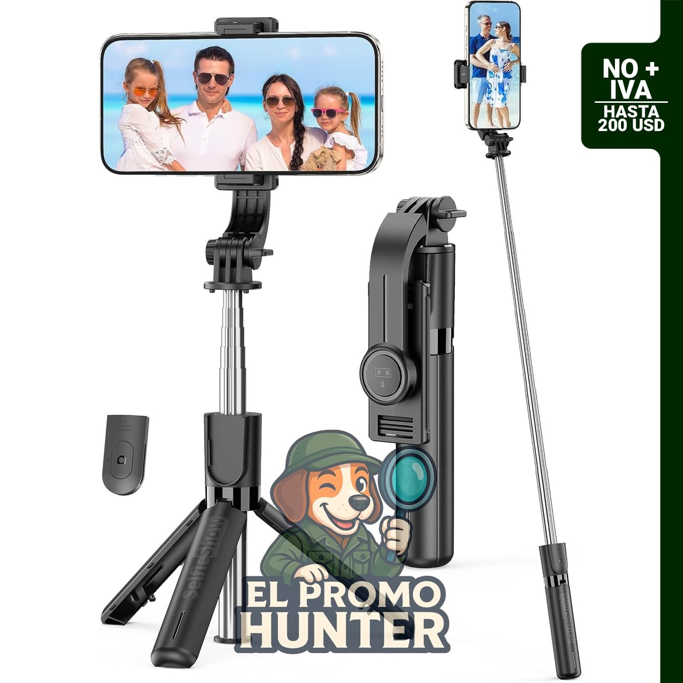 Palo para selfie portátil y trípode extensible 4 en 1 con control remoto inalámbrico y soporte giratorio de 360°.