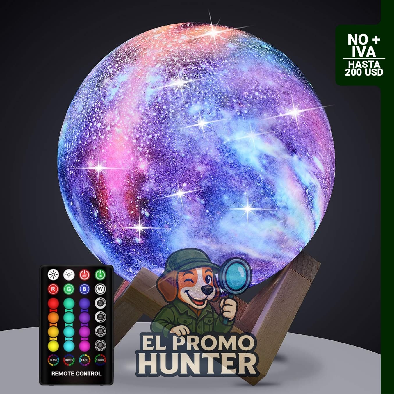 Lámpara de luna de 12,2 cm con 16 colores, control remoto y táctil, recargable por USB.