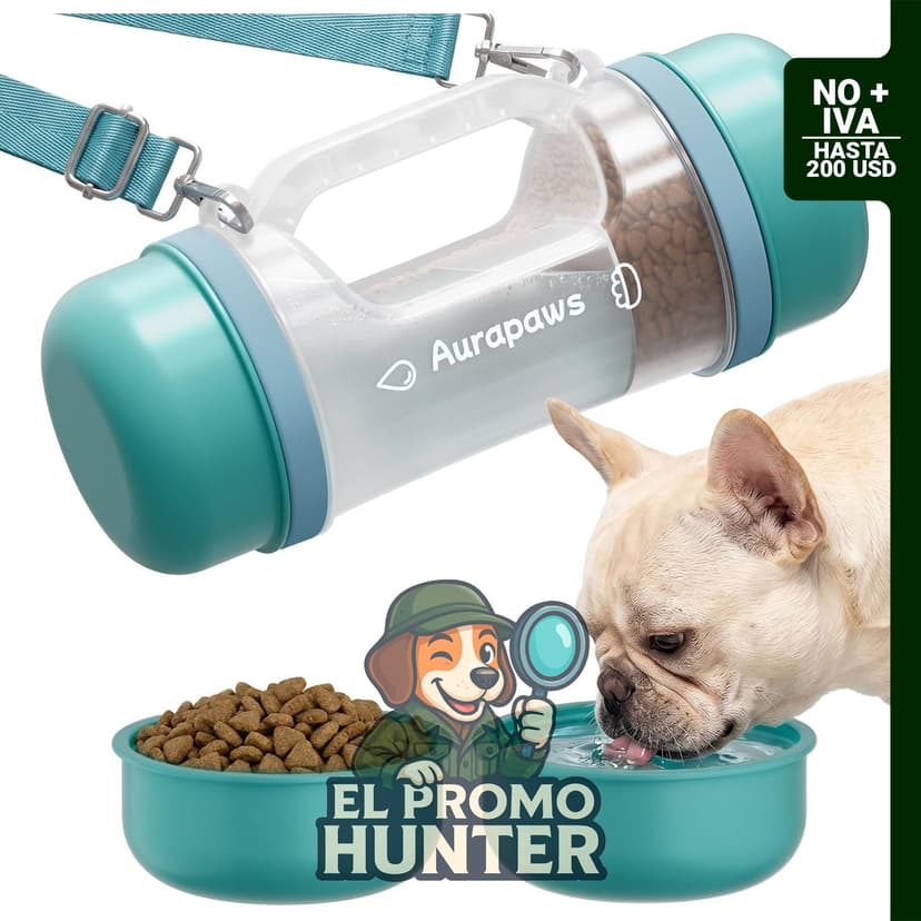 Botella de agua para perros de 600 ml con dispensador de alimentos de 240 ml y 2 cuencos desmontables.