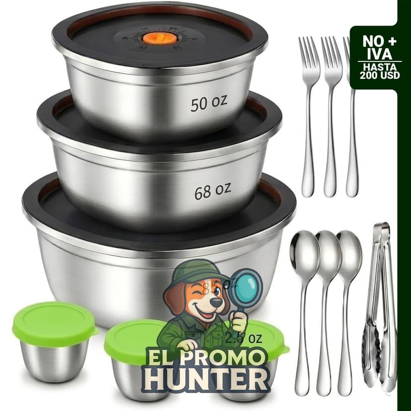 Set de 13 ensaladeras de acero inoxidable con tapas y tazas para aderezo, incluye tenedores, cucharas y pinzas.