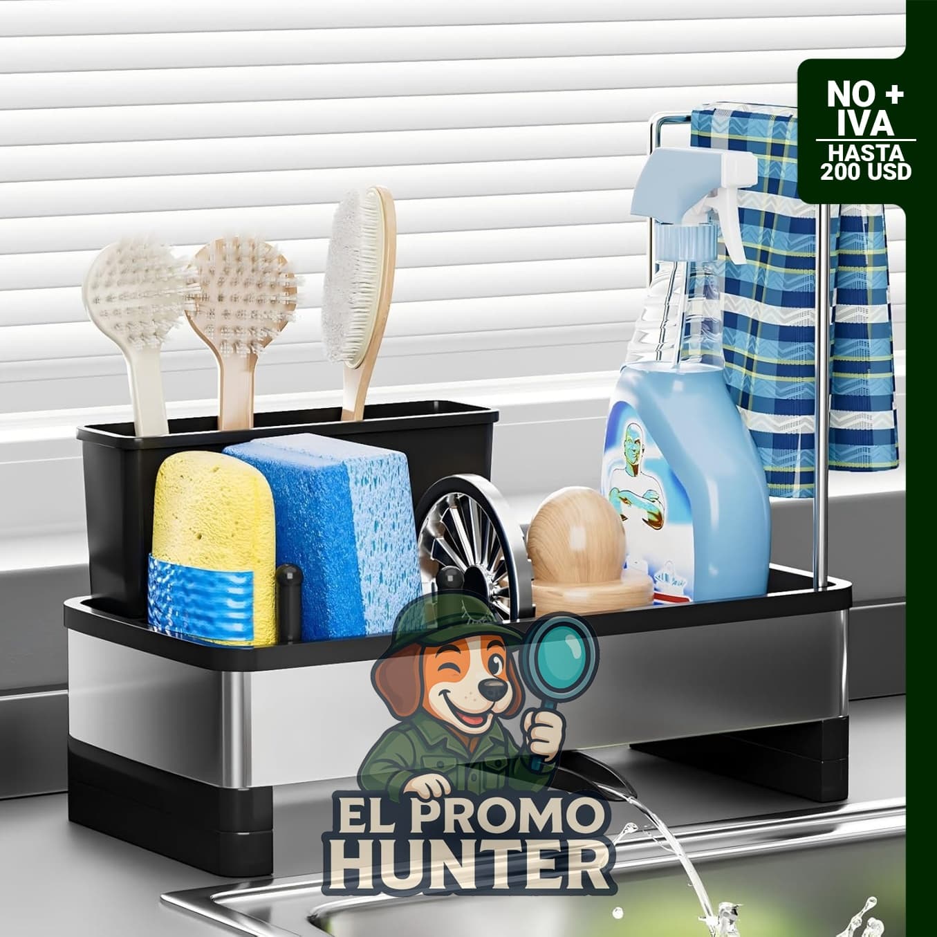 Ewaiira Caddy de Acero Inoxidable para Fregadero, organizador con soporte para esponja, cepillo y toalla.