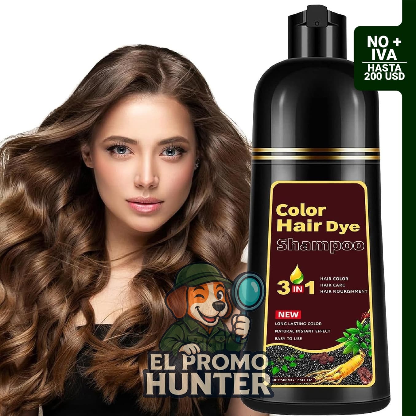 Champú de tinte para el cabello castaño 3 en 1 para cobertura de canas, 17.6 fl oz