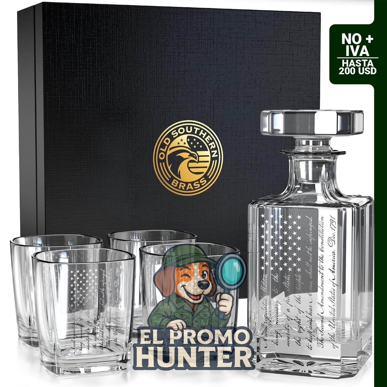 Juego de 5 decantadores de cristal para whisky con enmienda 2A, incluye caja de regalo.