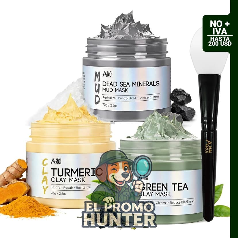 ANAI RUI - Juego de 3 mascarillas faciales de 2.5 oz (70 g) cada una, con cúrcuma, té verde y barro del Mar Muerto.