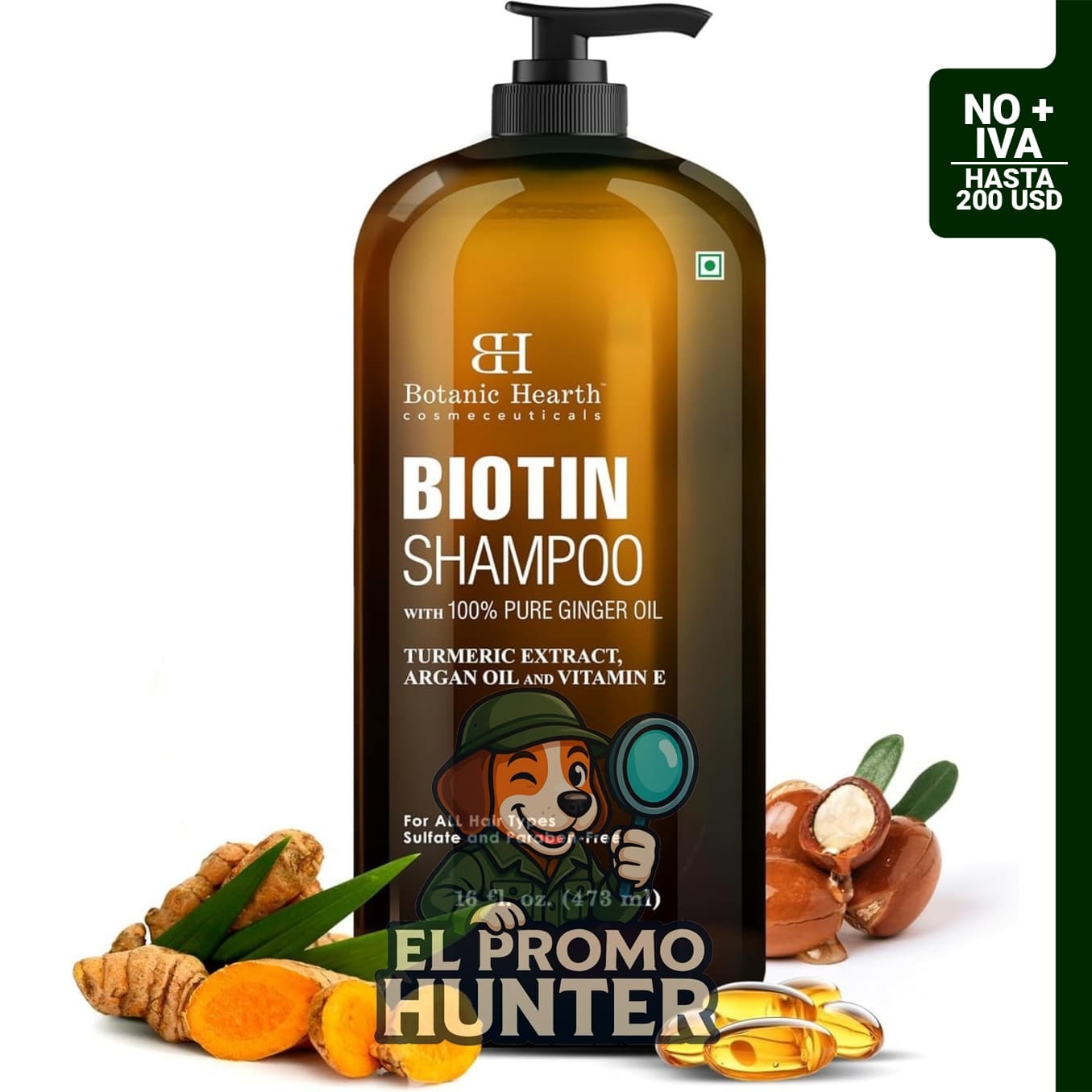 Botanic Hearth Champú de Biotina con Aceite Puro de Jengibre, libre de sulfatos y parabenos, enriquecido con extracto de cúrcuma, aceite de argán y vitamina E.