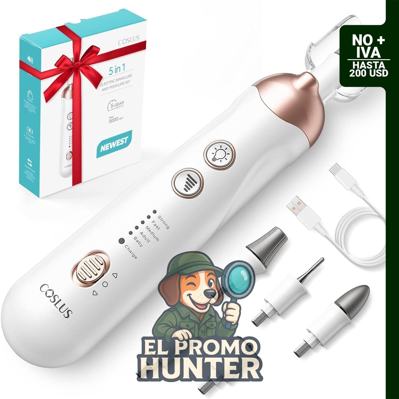 COSLUS Kit Profesional de Manicura y Pedicura, lima de uñas eléctrica 5 en 1, inalámbrica, 5 velocidades.