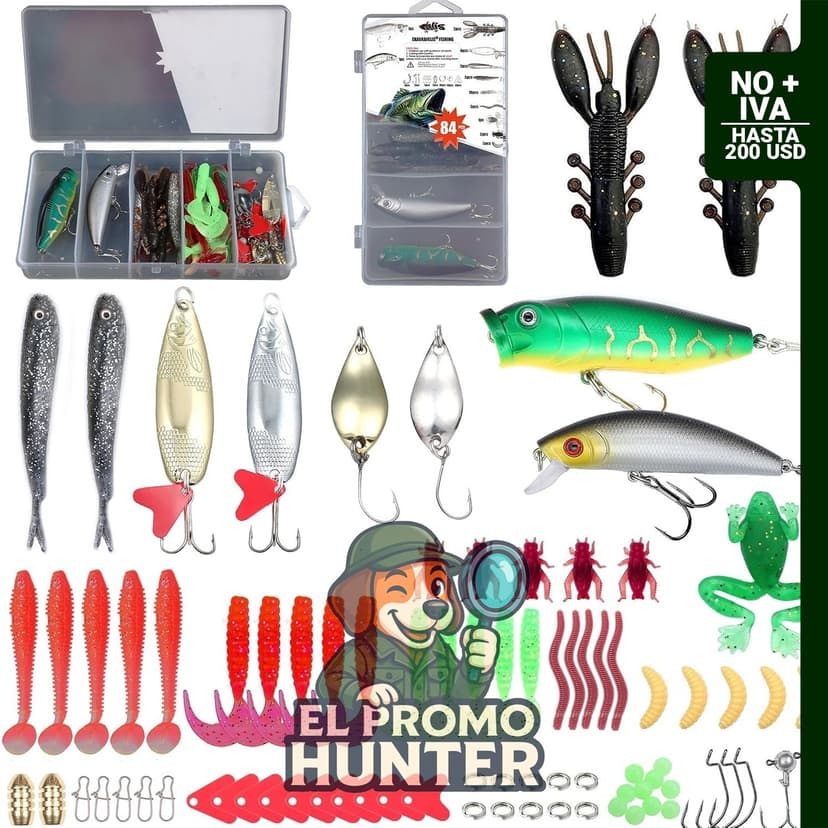 Kit de señuelos de pesca EXAURAFELIS, incluye cebos duros y blandos, cucharas metálicas y accesorios para pesca de agua dulce y salada.