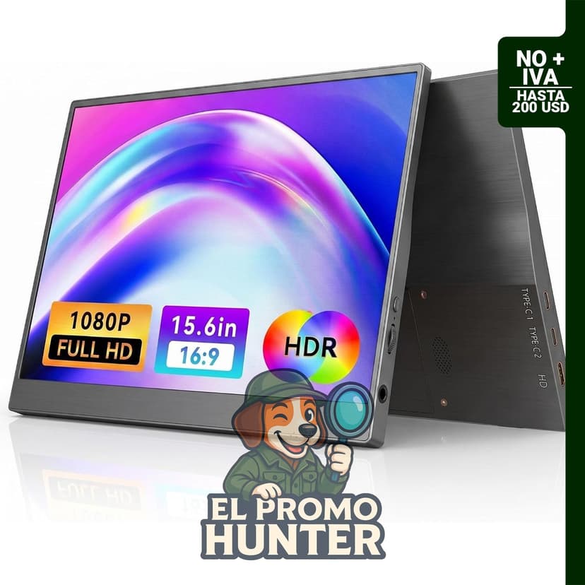Monitor portátil de 15.6" (39.6 cm) FHD 1080P con USB-C y mini HDMI, soporte integrado.
