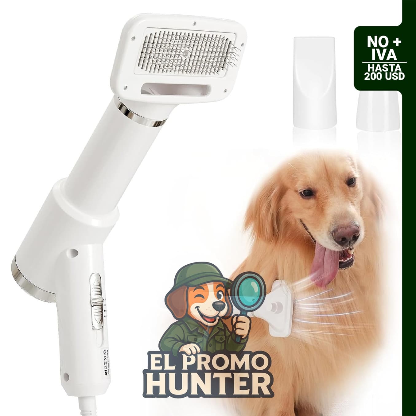 Secador de pelo portátil POPET para perros, 300 W, 3 ajustes de calor, con cepillo y protección contra sobrecalentamiento.