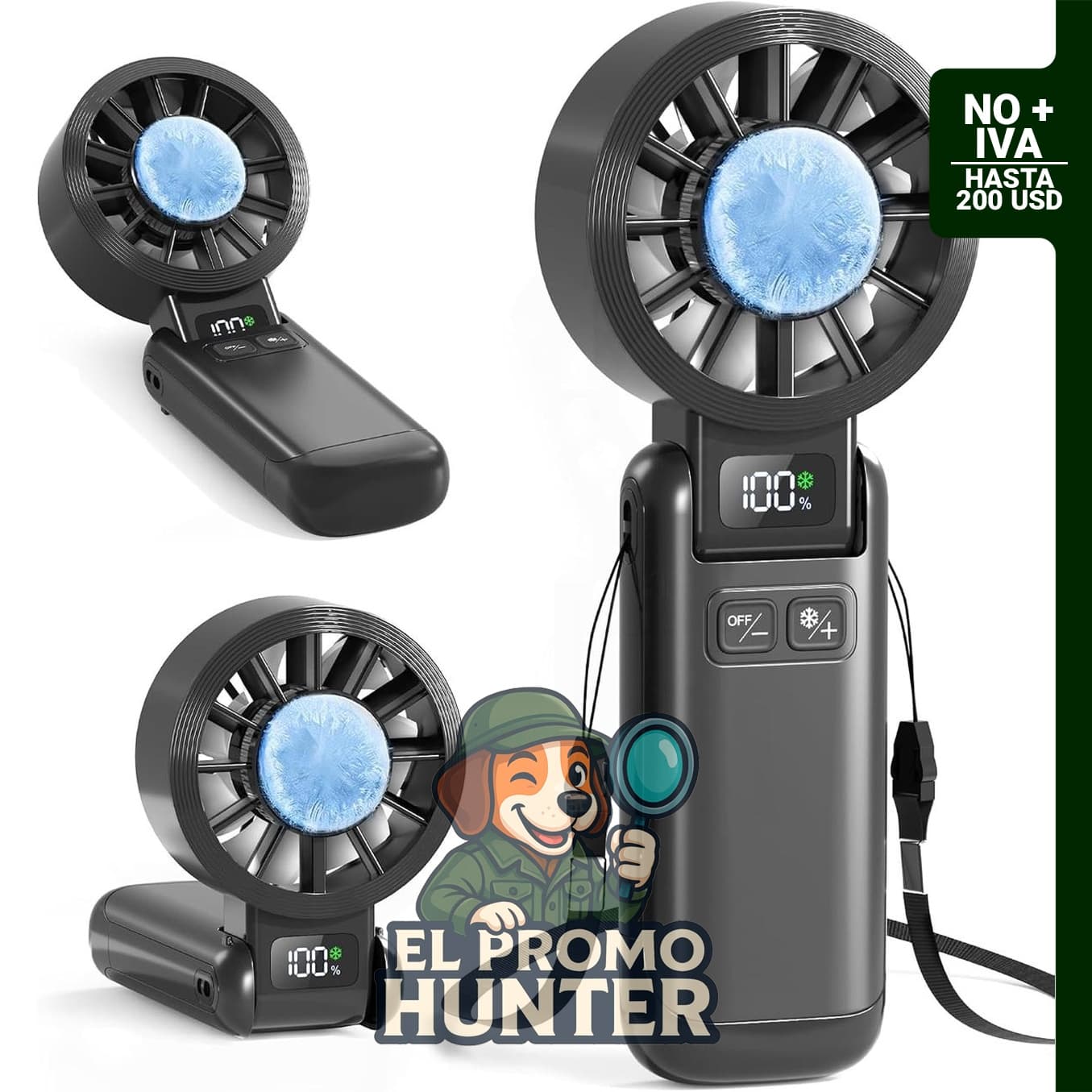 Ventilador portátil Pro de mano 3 en 1, recargable, con pantalla LED y 5 velocidades.