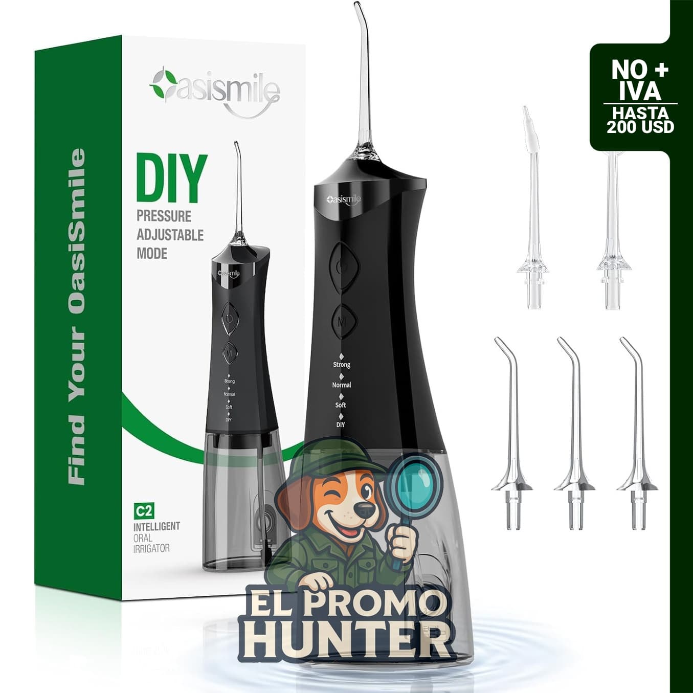 OasiSmile C2 Irrigador Oral Inalámbrico, 350 ml, color negro, con 4 modos y 5 puntas de chorro.