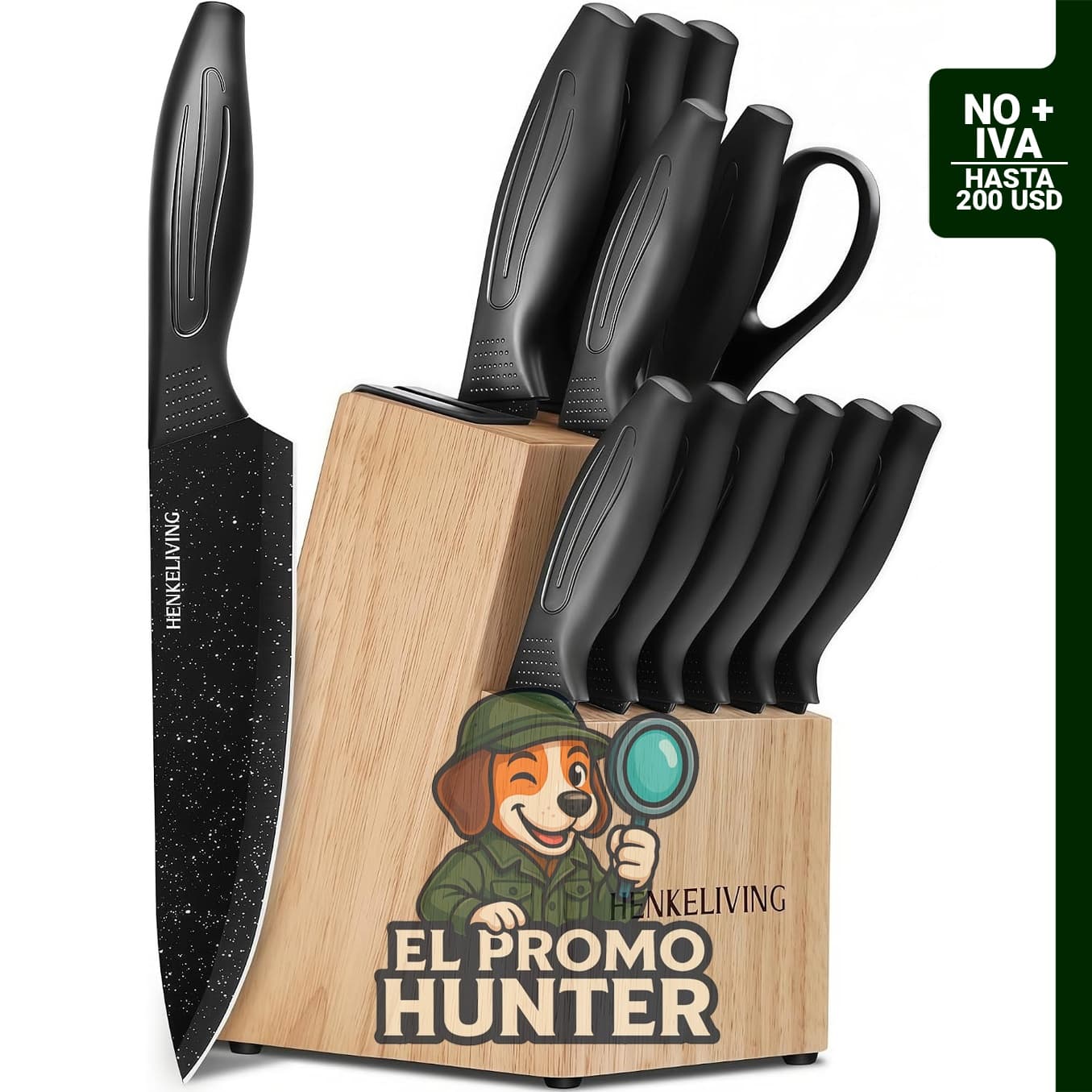 Juego de cuchillos HENKELIVING de 14 piezas con bloque y afilador integrado, cuchillas de acero inoxidable.
