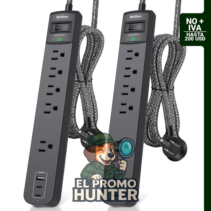 Addtam Paquete de 2 protectores de sobretensiones con 5 enchufes y 3 puertos USB (2 USB-C), 1875 W/15 A.