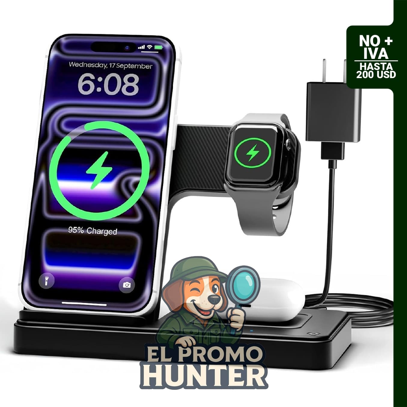 Estación de carga inalámbrica 3 en 1 para iPhone y Apple Watch, compatible con múltiples modelos.