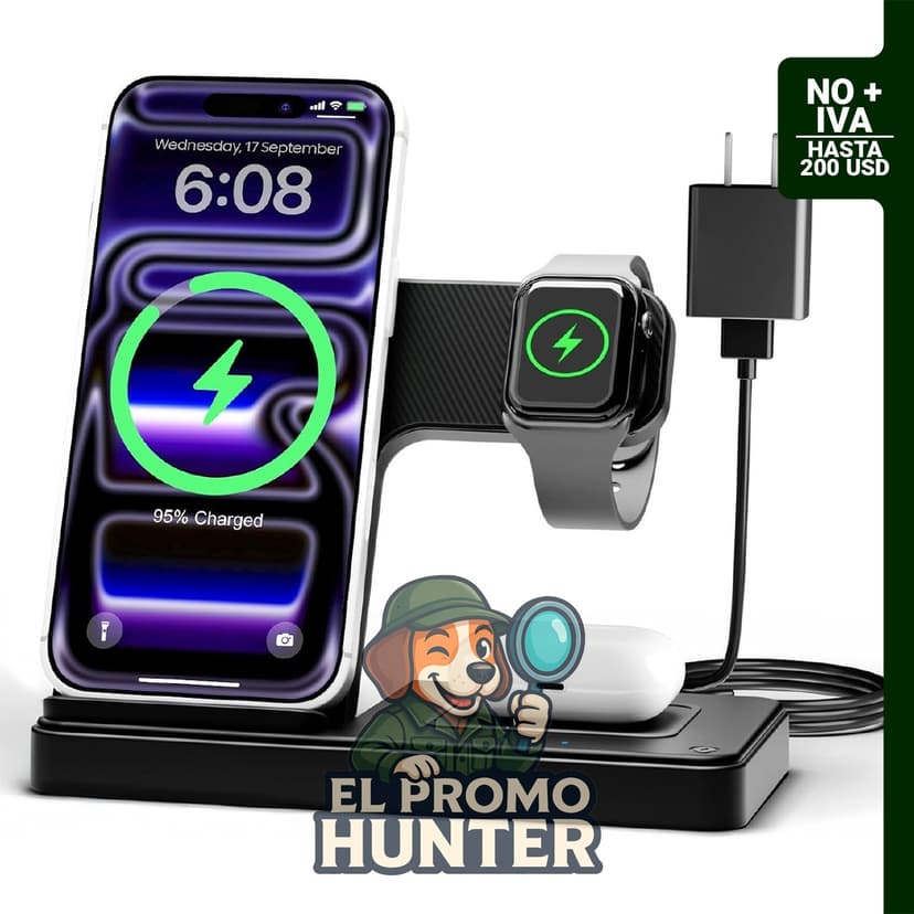 Estación de carga inalámbrica 3 en 1 para iPhone y Apple Watch, compatible con múltiples modelos.