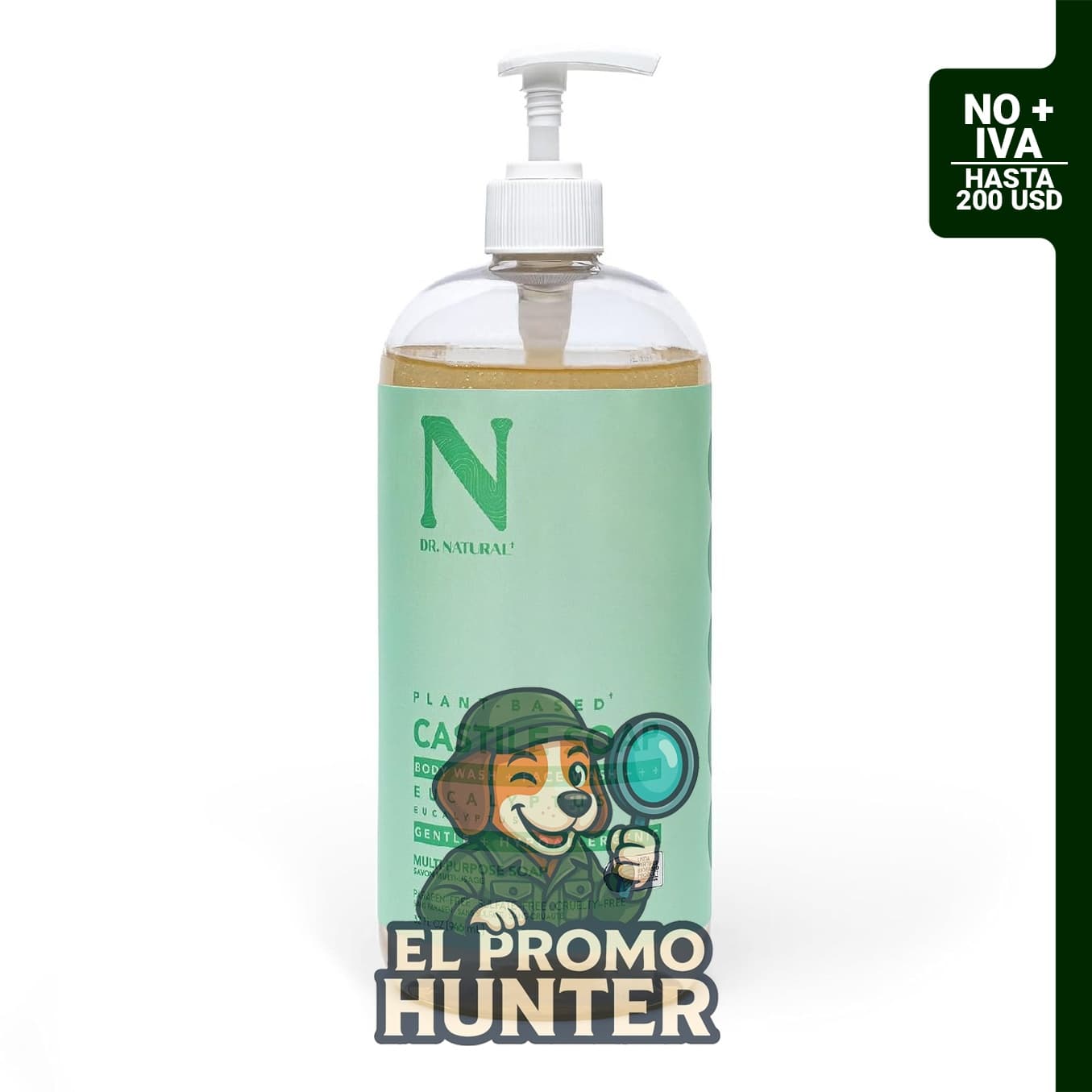 Jabón líquido puro de castilla Dr. Natural, Eucalyptus, multiusos para el cuidado de la piel.