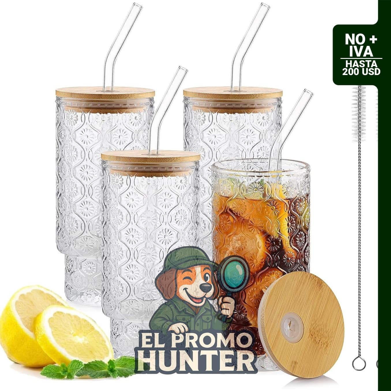 Vasos de vidrio de 16 oz (473 ml) con tapas y pajitas, paquete de 4.