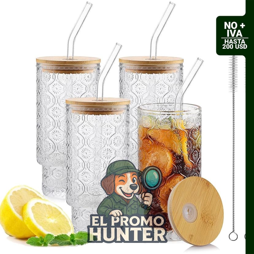 Vasos de vidrio de 16 oz (473 ml) con tapas y pajitas, paquete de 4.